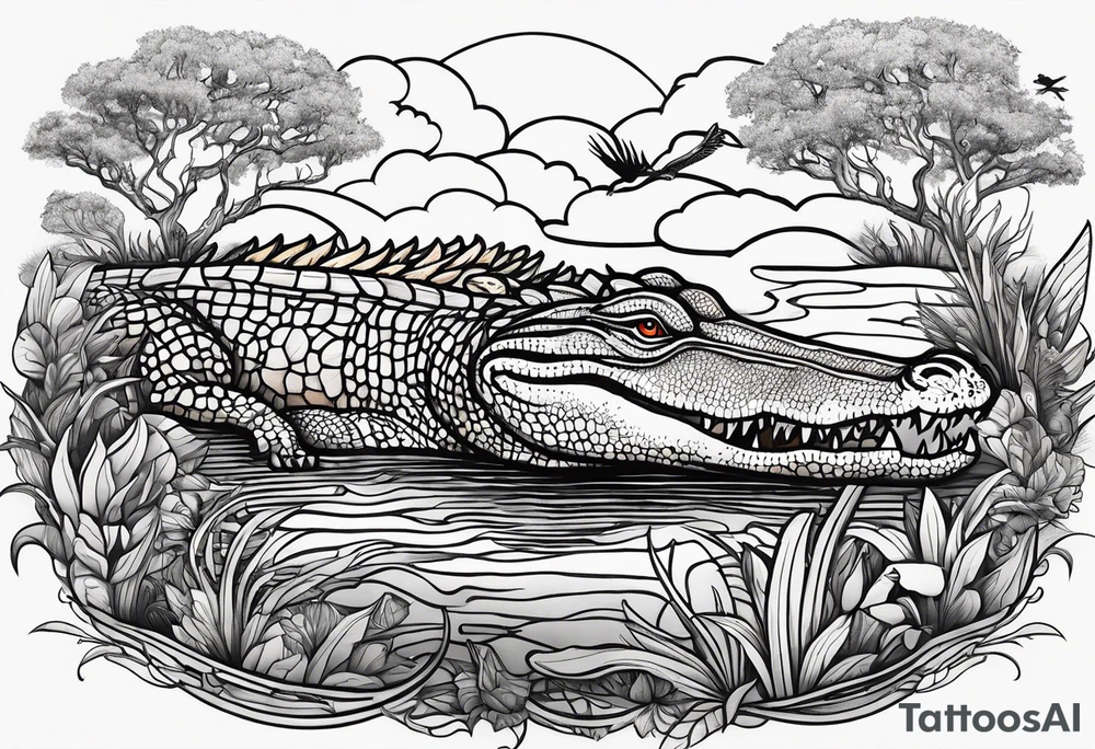 Scene live oak marsh birds alligator tattoo idea