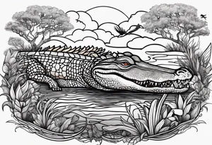 Scene live oak marsh birds alligator tattoo idea