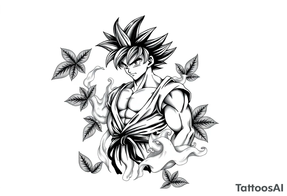 Tattoo design of Son Goku with smoke flowing through his body, surrounded by leaves in negative space effect, featuring soft shading around the edges and dotwork shading inside, with multiple contrast levels throughout. Highly detailed, intricate design with dynamic composition, emphasizing the interaction between the smoke and character, with the negative space leaves creating depth and balance. Professional tattoo art style with clean lines and sophisticated shading techniques. tattoo idea