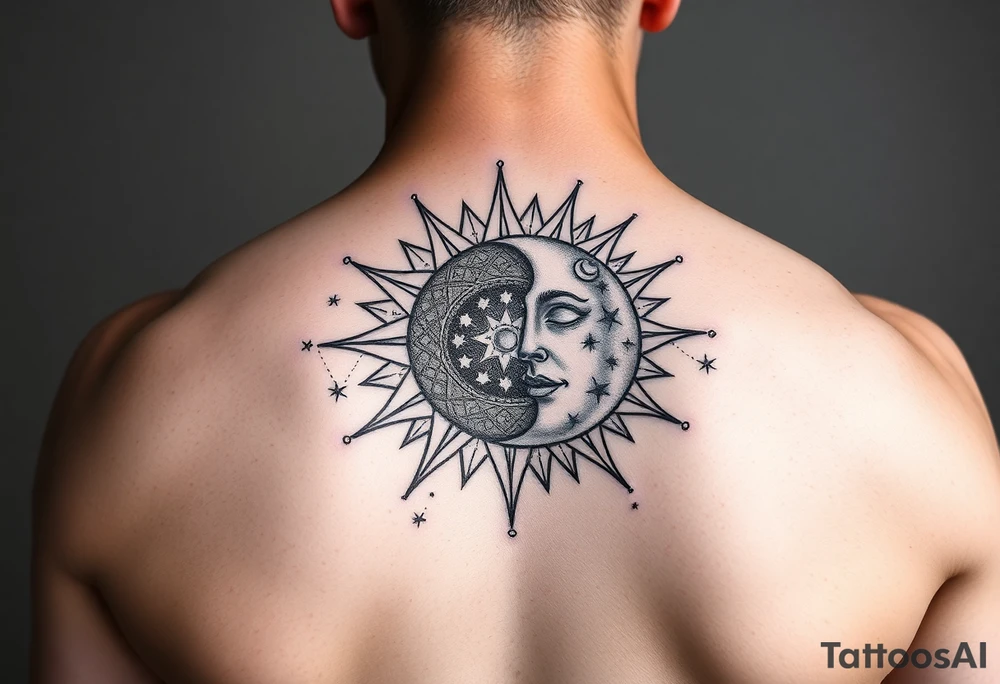 celestial sun and moon embrace with constellation patterns tattoo idea