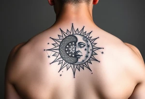 celestial sun and moon embrace with constellation patterns tattoo idea