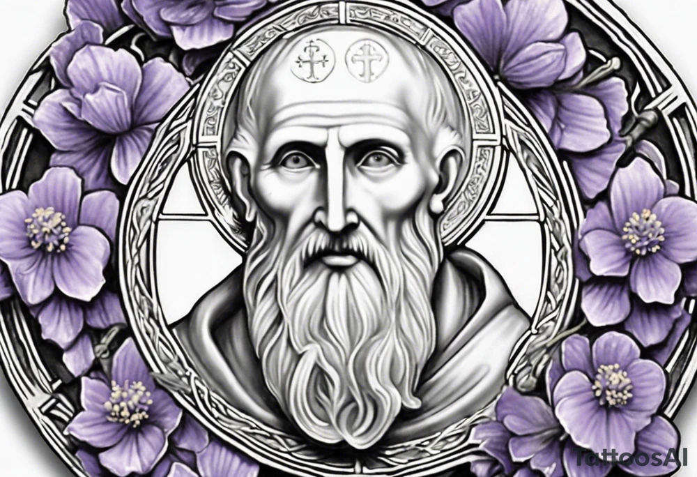 I'm seeking a custom tattoo design featuring a faithful and precise representation of the Saint Benedict medal, surrounded by delicately intertwined lavender flowers to create a harmonious and aesthetically pleasing composition. The focus should be on maintaining the authenticity of the Saint Benedict medal, while incorporating the serene beauty of lavender blooms around it. Additionally, the design should be in black and white to ensure a classic and timeless aesthetic. The goal is to achieve a balance that captures the symbolic essence of the medal within a visually appealing and monochromatic tattoo. tattoo idea