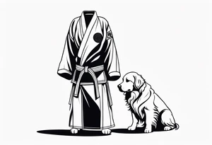 a golden retriever in a jujitsu gi including belt full body view tattoo idea