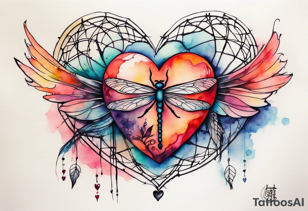 Watercolor tattoo of heart with cross going through the heart. Small Dragonfly flying on side with dreamcatcher tattoo idea
