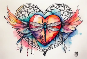 Watercolor tattoo of heart with cross going through the heart. Small Dragonfly flying on side with dreamcatcher tattoo idea