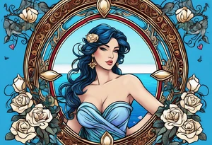 Aphrodite is the goddess of love, with a seaside background, surrounded by birds.. blue roses frames, background blue,present it in a tattoo, black hair, love motives tattoo idea