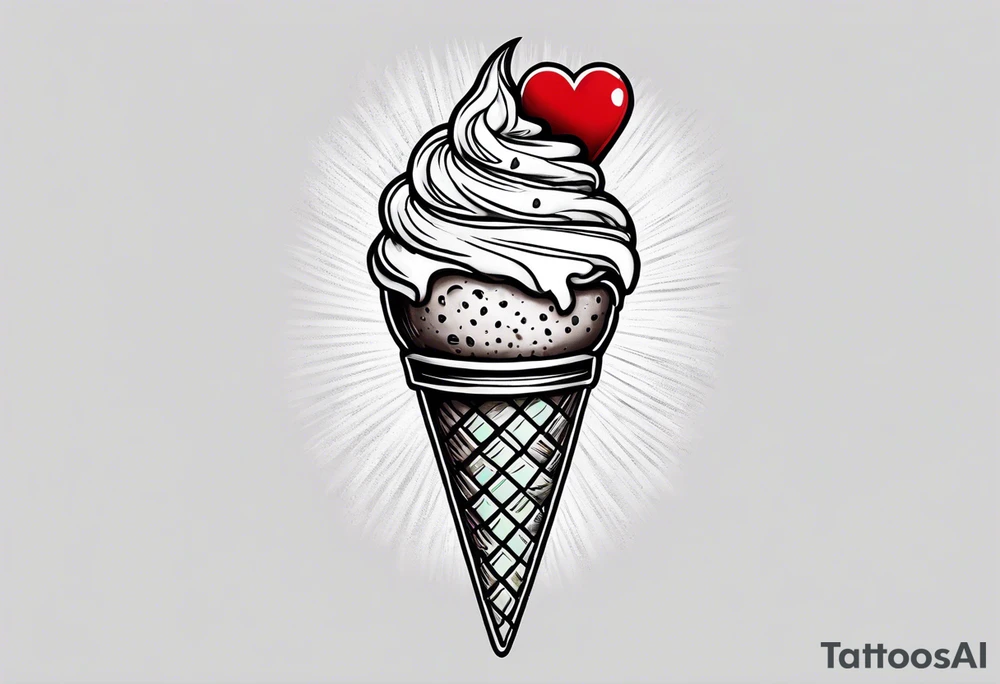 mint chocolate chip ice cream cone with small red heart on it somewhere. tattoo idea