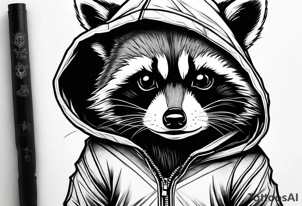 Raccoon wearing an orange Superman hoodie tattoo idea