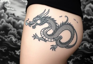 fierce dragon breathing iridescent fire against stormy skies tattoo idea