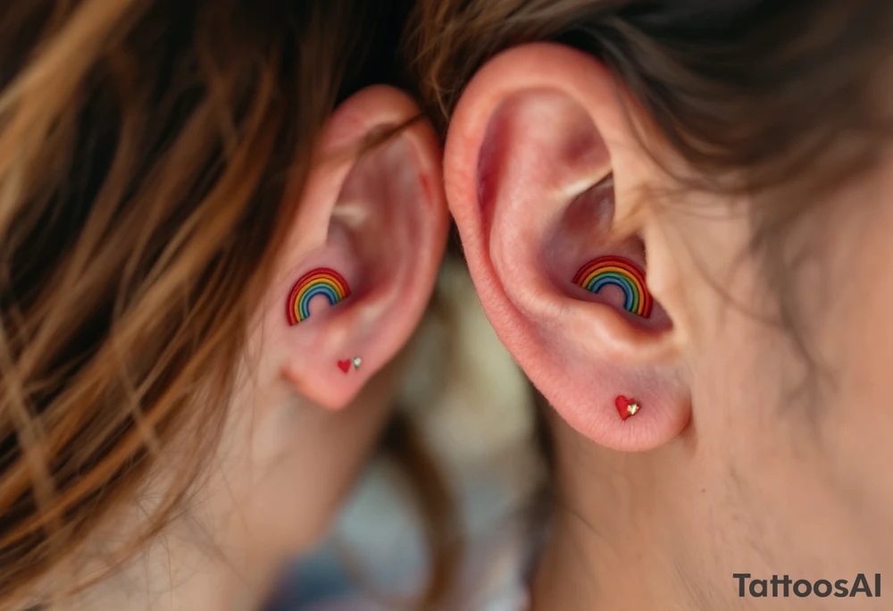 Tiny matching rainbow hearts behind ear of each partner to honor love in every shade. tattoo idea