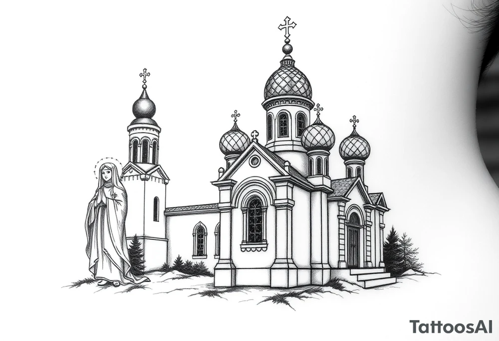 Russian orthodox church with bulb domes with a prominent russian orthodox style virgin mary stood outside to the left tattoo idea