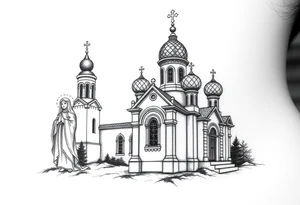 Russian orthodox church with bulb domes with a prominent russian orthodox style virgin mary stood outside to the left tattoo idea