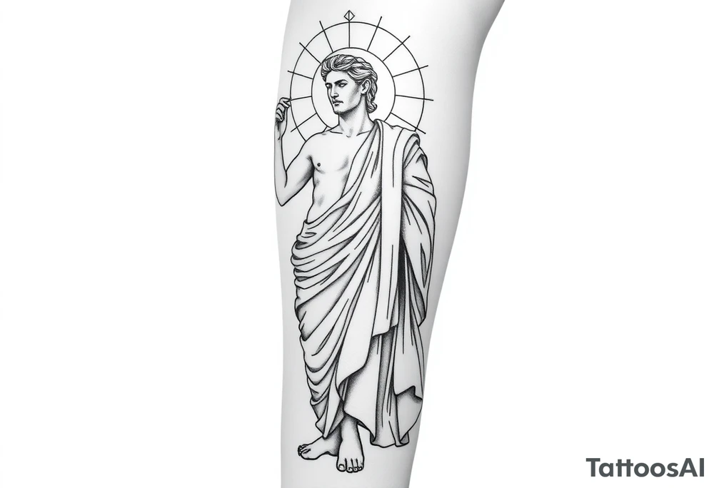 Tattoo design, vertical full sleeve composition, black and grey fine line linework style. Full figure of Apollo, Greek god of light, depicted in classical marble statue style, wearing flowing ancient drapery cloth. Calm powerful stance, balanced proportions, serene expression. Radiant sun halo behind the head with geometric rays. Subtle sacred geometry and orbital cosmic elements surrounding the figure. Laurel wreath symbolism integrated. Light energy lines and minimal abstract flow shapes. Clean composition, elegant, not overcrowded. Include the quote in fine serif lettering: “Do. Or do not. There is no try.” Tattoo stencil design, white background, no dark horror elements, no wings, professional tattoo flash. tattoo idea