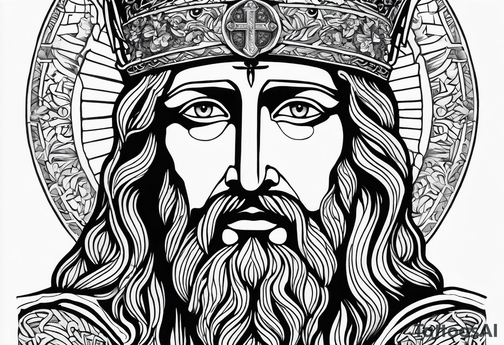 haloed head of a flat stern Byzantine Christ with all-demanding eyes. tattoo idea