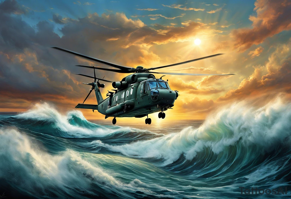 A cinematic-style tattoo depicting a Canadian military CH-148 Cyclone helicopter performing a daring maneuver over a turbulent ocean. The sky should be filled with dramatic clouds, and the sun should be setting, casting long shadows. The helicopter should be the main focus, with intricate details and a sense of motion. In the background, a poppy should be prominently displayed, and a quote from 'Lest We Forget' should be included tattoo idea