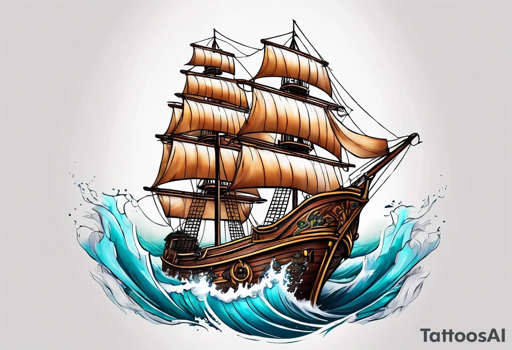 4 story wooden ship one plank coloured tattoo idea