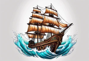 4 story wooden ship one plank coloured tattoo idea