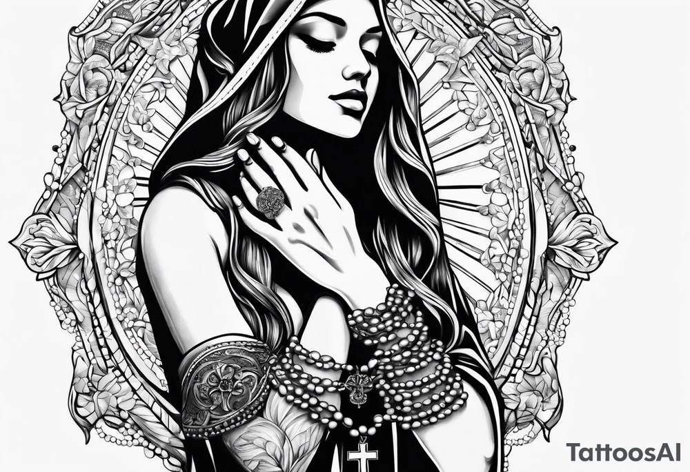 A woman’s praying hands holding a rosary catholic style tattoo idea