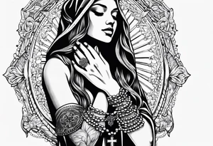 A woman’s praying hands holding a rosary catholic style tattoo idea