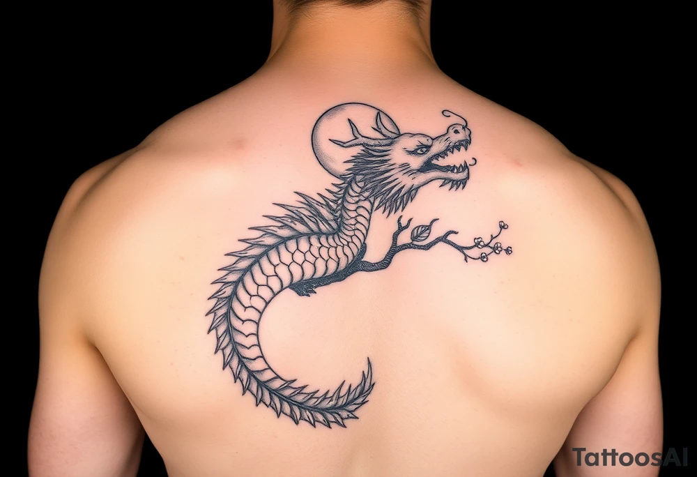 forearm sleeve tattoo, a dragon with a sakura tree and moon tattoo idea