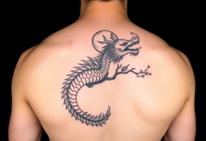 forearm sleeve tattoo, a dragon with a sakura tree and moon tattoo idea
