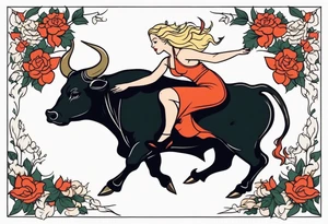 a blonde beautiful woman wearing devil costume rides a bull old school flowers tattoo idea