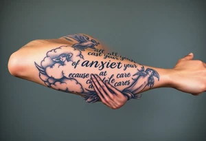 cast all your anxiety on him because he cares for you"  surrounded with clouds and angels and praying hands tattoo idea