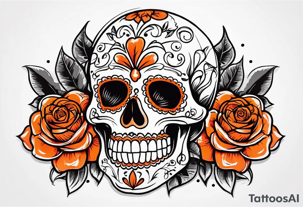 Orange Sugar skull with roses that are orange and red with smoke around it tattoo idea