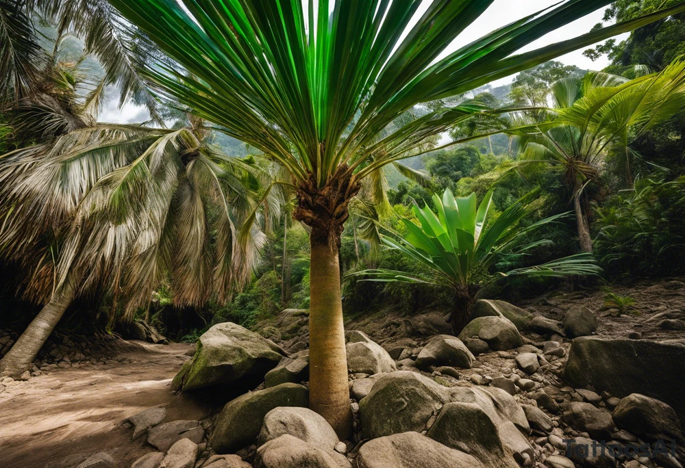 Tattoo: A striking Gachala emerald sits at the base of a tall quindio wax palm, which grows resiliently from cracks in rugged, rocky soil. The emerald is the main focal point, symbolizing strength and endurance, while the wax palm, rooted in the soil’s crevices, represents growth and resilience. A small water stream flows gently from the rocks, adding an element of life and nourishment. Style: Semi-Realism. tattoo idea