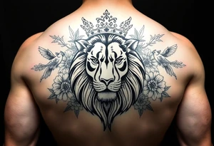 powerful majestic lion with a crown, surrounded by floral ornaments and birds tattoo idea