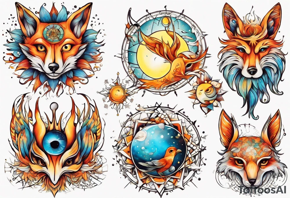 fisch, fuchs und eule , symetrie  sonne, universum, bunt, " sapere aude" tattoo idea