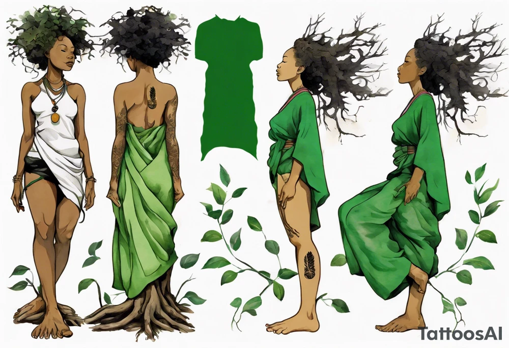 a tree trunk with roots that is a black woman from the waist up, feet made of tree roots, wearing a green tunic, arms stretched upwards towards the noon sun tattoo idea