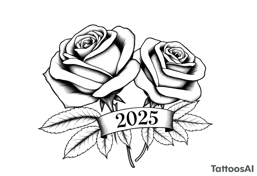 two beautiful large rose buds, one larger than the other, with lots and lots of leaves next to the rose buds, with one sitting slightly higher than the other, side-by-side.  Include a banner connecting the two roses with the year 2025 on it.   Use dark outlines with little shading. Remove all stems from the roses. tattoo idea