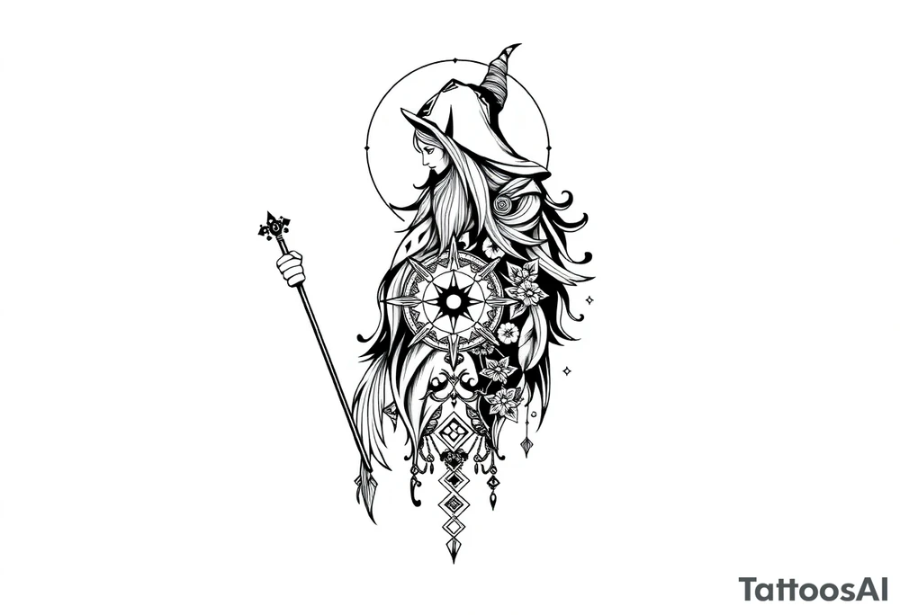 long shaman and witch abstracstyle mytical with ancient rhyme tattoo idea