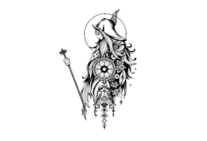 long shaman and witch abstracstyle mytical with ancient rhyme tattoo idea