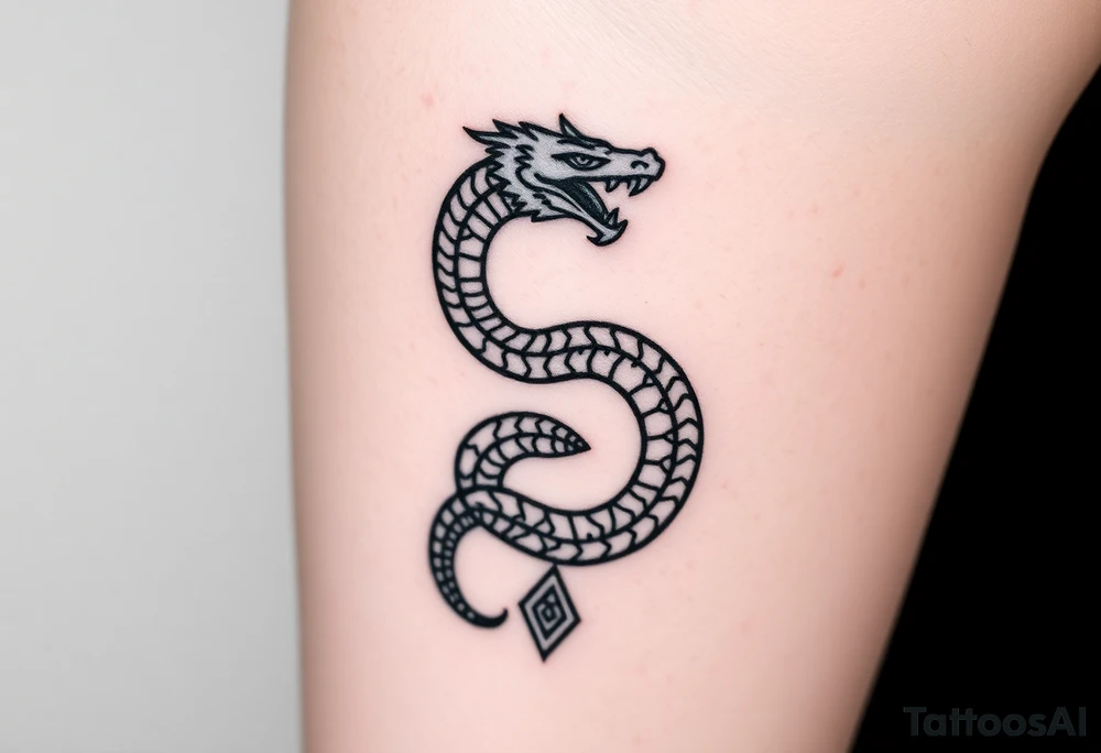 Ouroborous or dragon/serpent/snake eating its own tail in a figure 8 in negative space with geometric patterns on a leg tattoo design tattoo idea