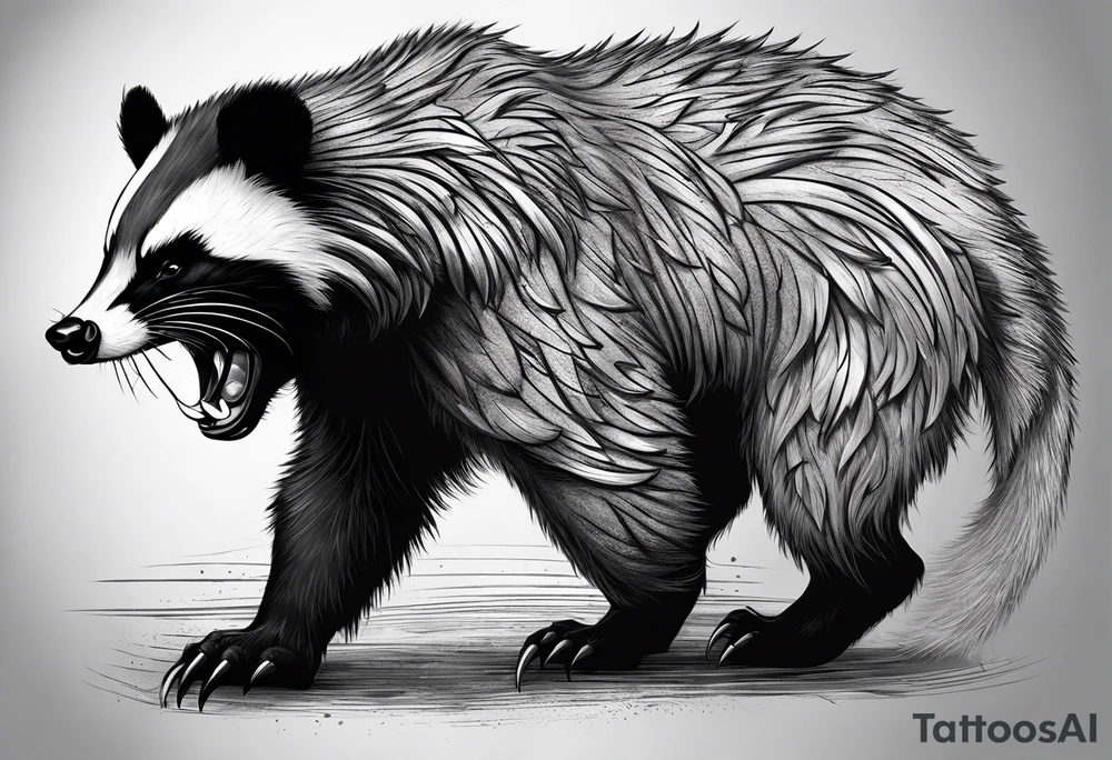 Draw me badger/wolverine with aggressive full body show, killer face with cute smile, very long nails and he attacks like a gladiator to enemy and also he has very deadly looking tattoo idea
