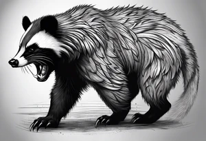 Draw me badger/wolverine with aggressive full body show, killer face with cute smile, very long nails and he attacks like a gladiator to enemy and also he has very deadly looking tattoo idea