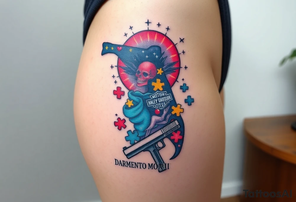 colorful futuristic memory tattoo for passed boyfriend; Florida, gulf coast water, Harley Davidson, skateboarding, puzzle pieces, video games, heaven, god, outdoors, beretta 9mm gun, disc golf, words "MEMENTO MORI" & DARTH CARTER tattoo idea