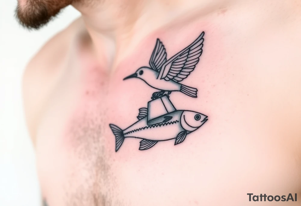 minimal fine line bird, bell and fish tattoo, for chest, man. tattoo idea