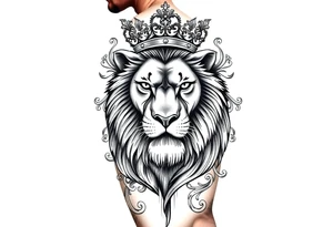 majestic lion wearing ornate crown, surrounded by baroque flourishes tattoo idea