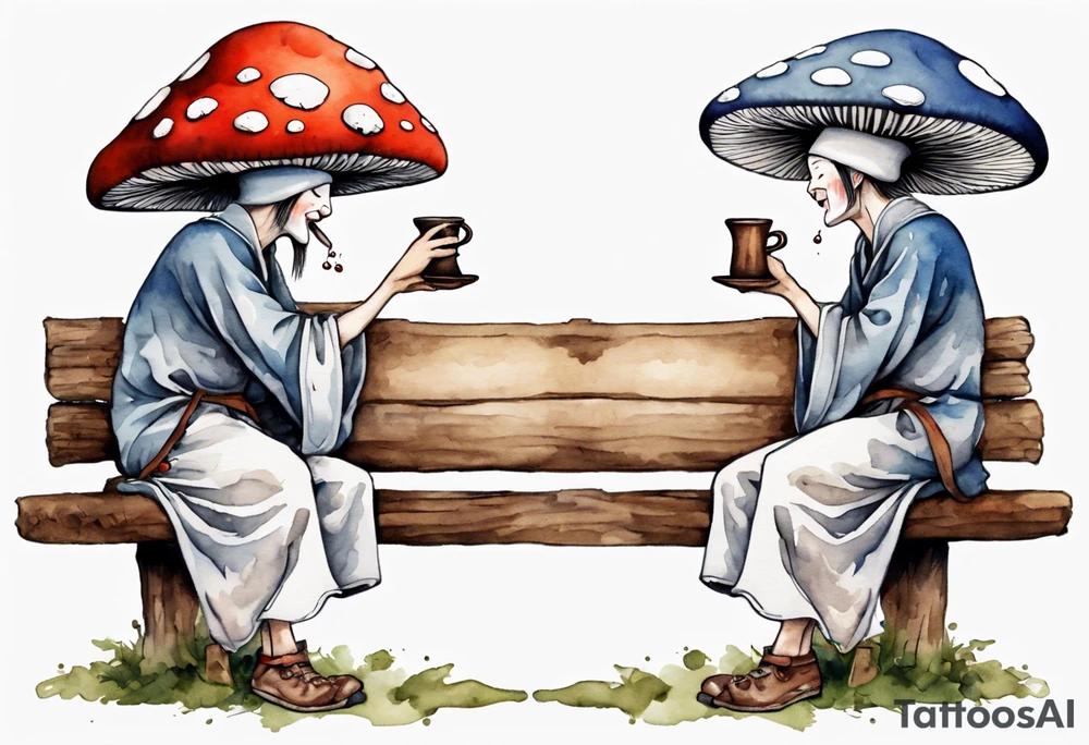 a mushroom person wearing a mushroom hat wearing a medieval tunic drinking from a wood cup, sitting on a bench laughing tattoo idea