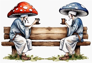 a mushroom person wearing a mushroom hat wearing a medieval tunic drinking from a wood cup, sitting on a bench laughing tattoo idea