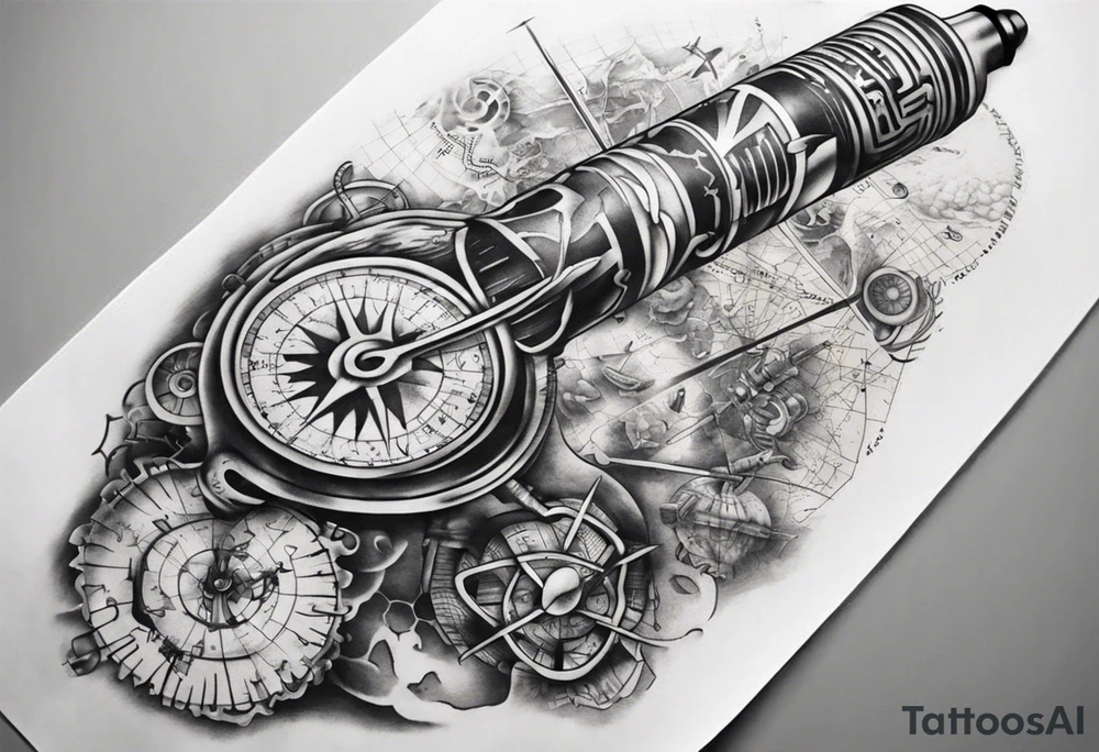 full arm tattoo for man with images of maps and travel and science tattoo idea