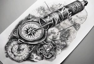 full arm tattoo for man with images of maps and travel and science tattoo idea
