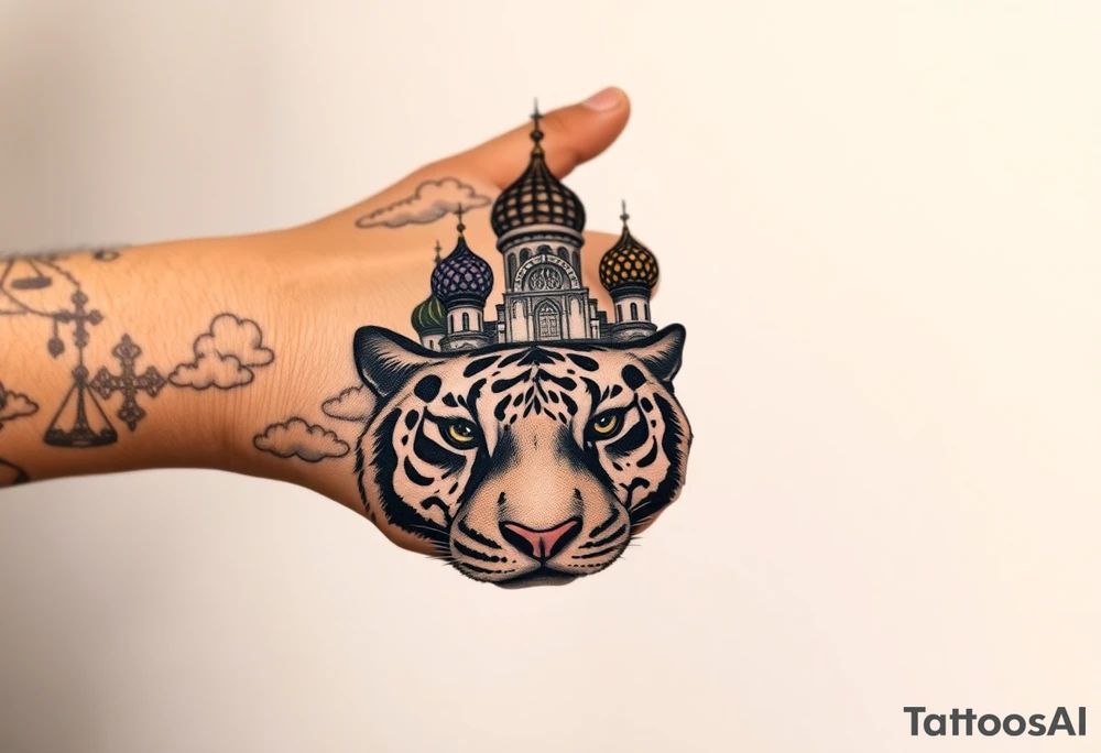 Realistic tiger face on the back of the hand with strong contrast and fine detail with hollow black eyes. with a highly detailed Russian Orthodox cathedral sitting above on fore arm with onion domes and orthodox crosses, done in fine line, engraving-like style. Cohesive composition, black ink only, no color, high contrast, slightly aged, documentary-style, plain light background. with clouds above and a virgin mary tattoo idea