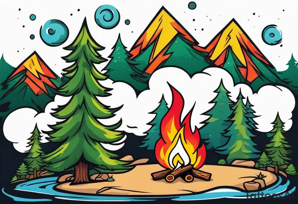 Small campfire in the center, right side: an evergreen tall tree, left side: skinny fast flow steam tattoo idea