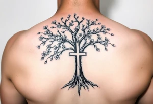 tree of life with cherry blossoms with the cross inside and some of the branches wrapping around it on my inner arm tattoo idea