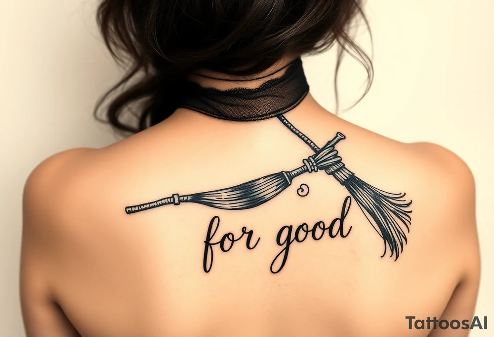 Wicked Broadway theme with a wand, broom, witch hat. Then the lettering “for good” tattoo idea