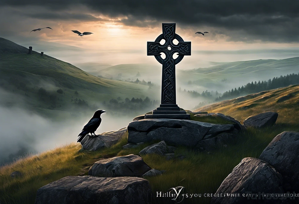 A stone Celtic cross solemnly standing atop a hill, a raven perches atop the cross staring out over the desolation. A ruined stone wall lies crumbling near the cross. Mist rolls along the hilltops adding to the melancholic nature of the scene tattoo idea